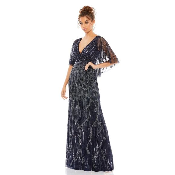 MAC DUGGAL 9064 Embellished Cap Sleeve Faux Wrap Trumpet Gown Midnight 14 NEW - Picture 1 of 9